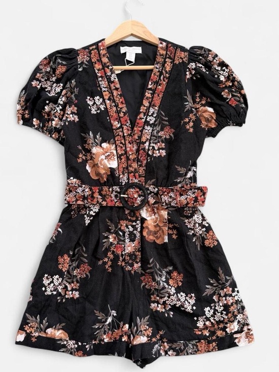 Caroline Constas Pants - NWT CAROLINE CONSTAS Black Floral Linen Blend Belted Romper